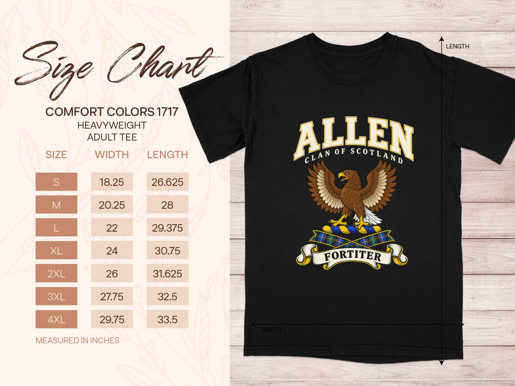 Comfort Colors 1717 size chart in inches with a black Allen clan crest T-shirt preview