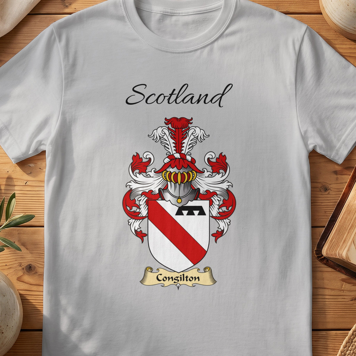 Sport Grey Congilton Scottish family shield T-shirt featuring a red diagonal band across white