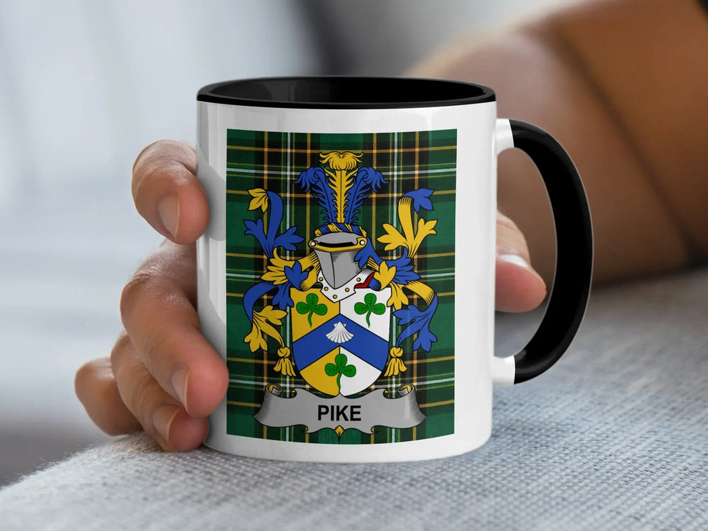 Pike Irish family crest black accent mug with Irish National Tartan