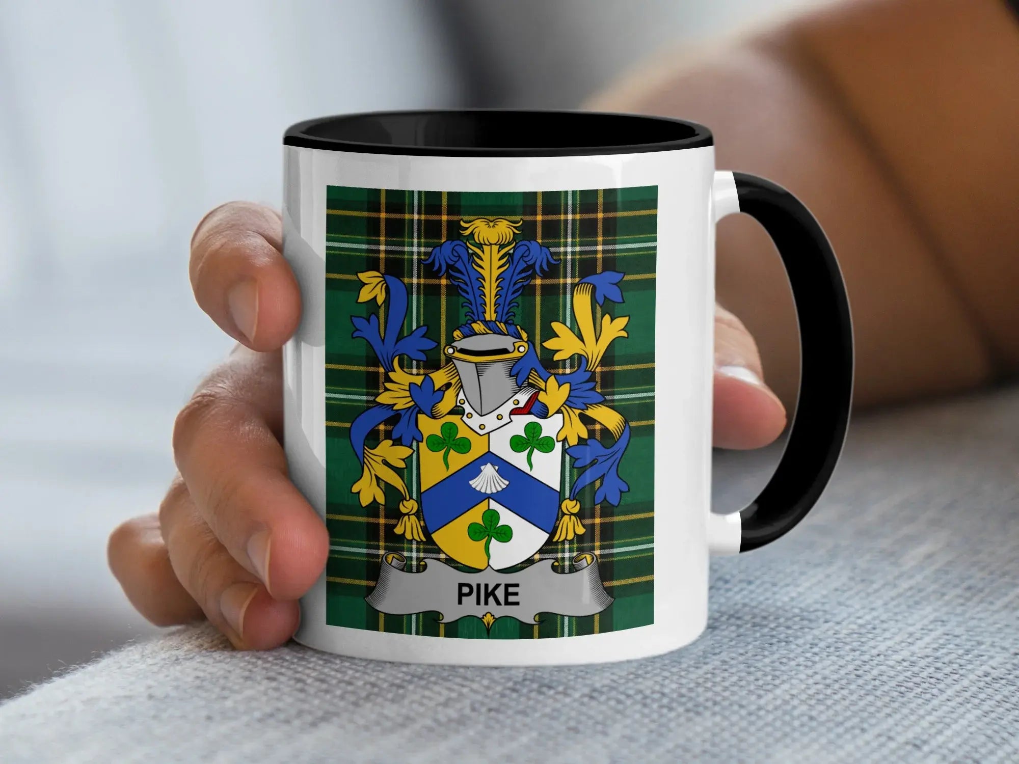 Pike Irish family crest black accent mug with Irish National Tartan