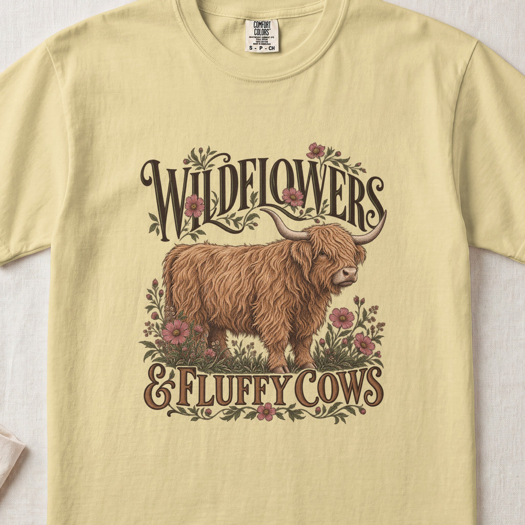 Wildflowers & Fluffy Cows Highland cow design on a Butter Comfort Colors 1717 T-shirt, flat lay