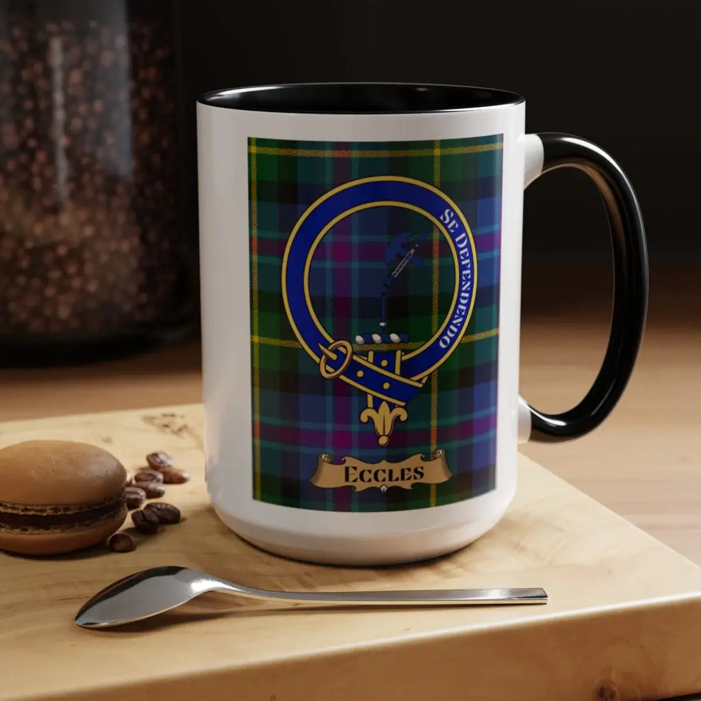 Close-up of the Eccles clan crest printed on a ceramic mug