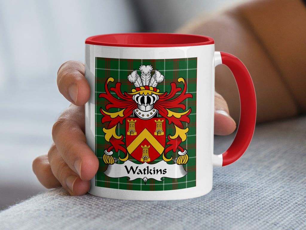 Watkins Welsh tartan accent mug with red handle and coat of arms on tartan background