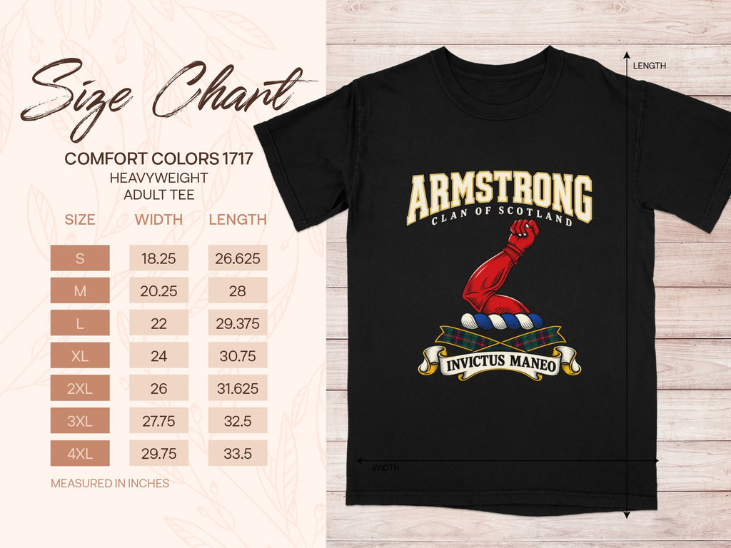 Armstrong Comfort Colors 1717 T-shirt size chart with black shirt illustration