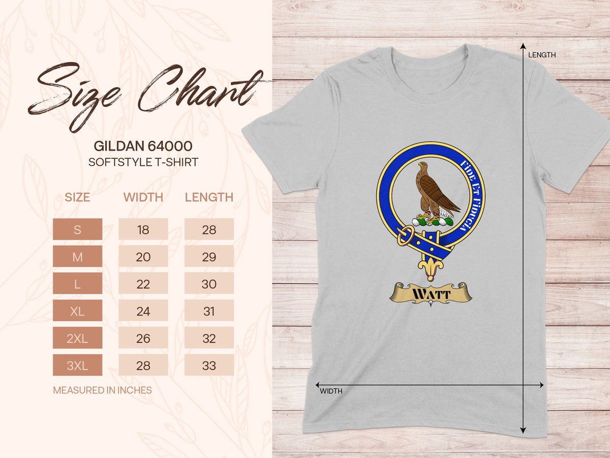Gildan 64000 size chart for Watt Scottish clan crest T-shirt