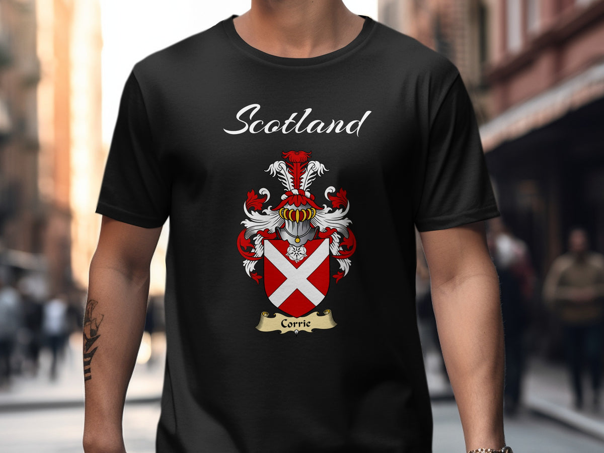 Corrie Scottish family shield design on Black T-shirt