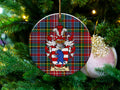 Borlands Scottish clan ceramic ornament with family crest on a Caledonia tartan background, hanging on a Christmas tree