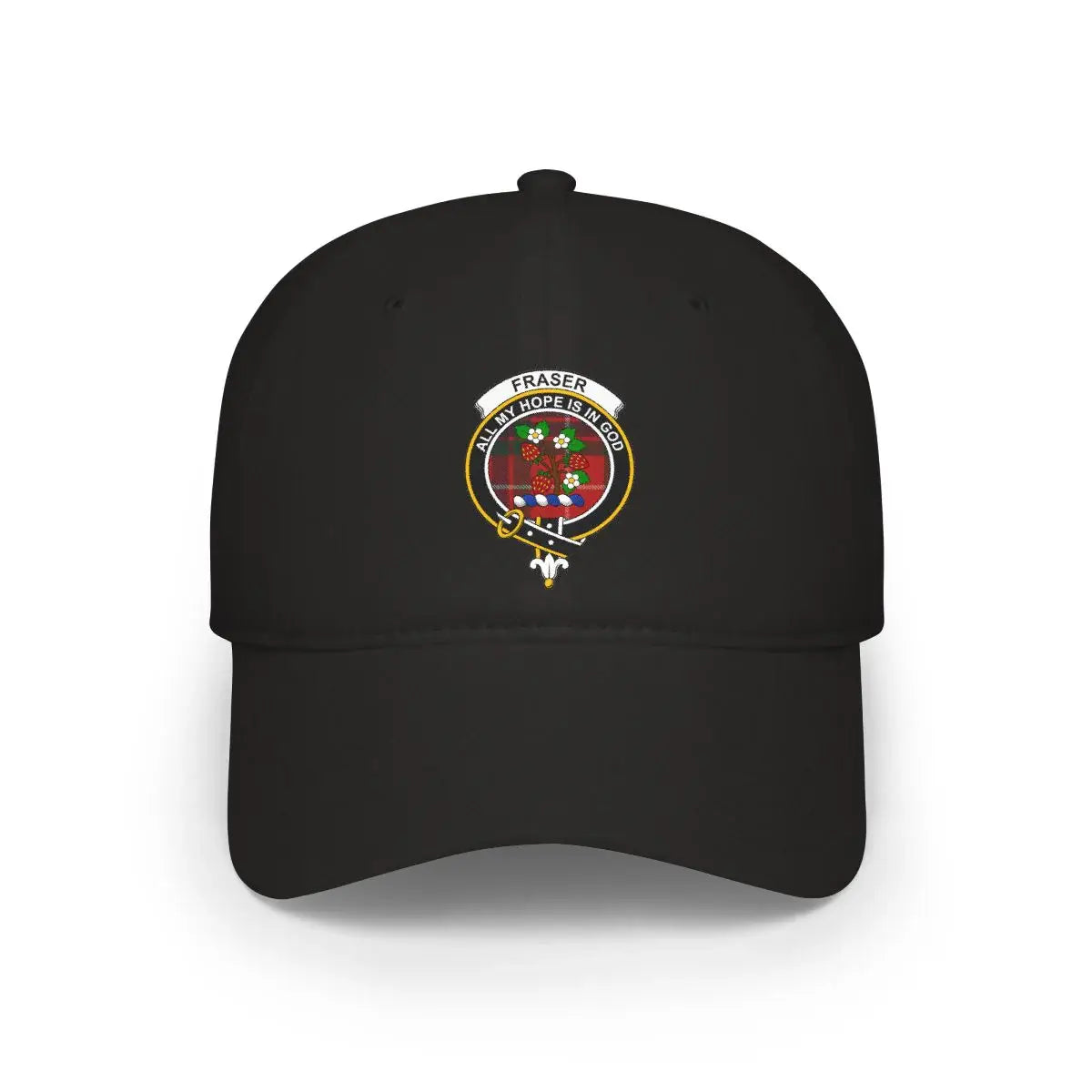 Clan Fraser tartan cap in black — low-profile cotton with printed crest and Je Suis Prest
