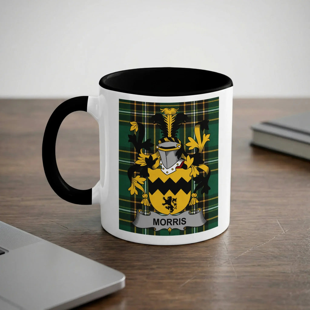 Morris Irish heritage mug with black handle and family crest