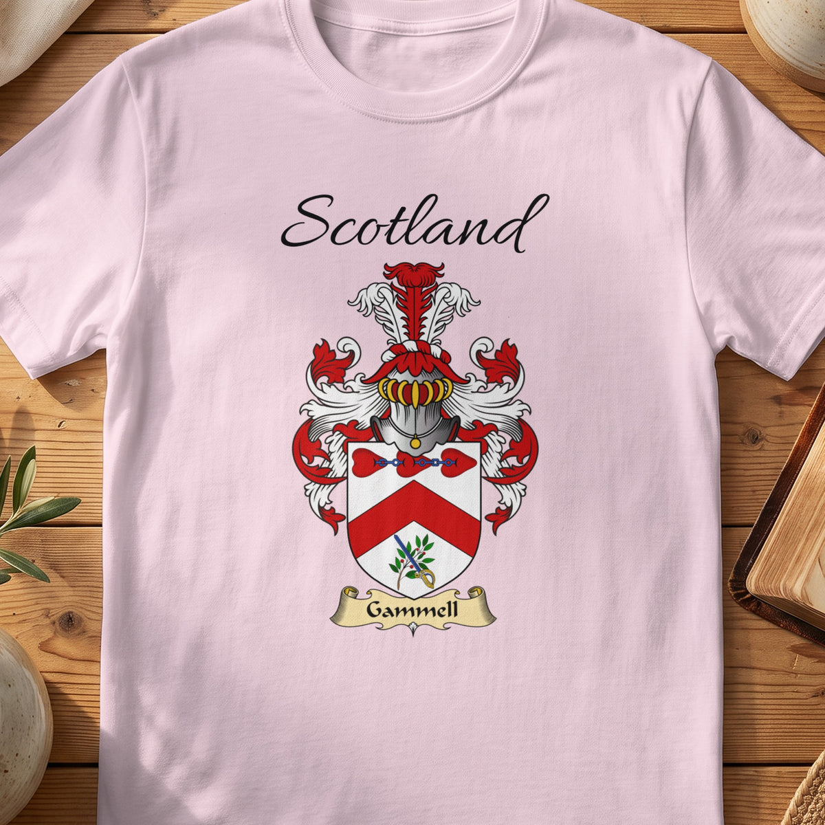 Light Pink Gammell Scottish family shield T-shirt featuring a red chevron with botanical details