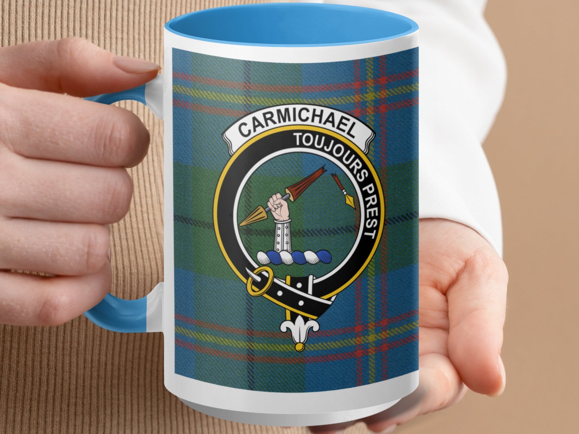 Clan Carmichael Scottish Tartan Crest Toujours Prest Mug - Living Stone Gifts