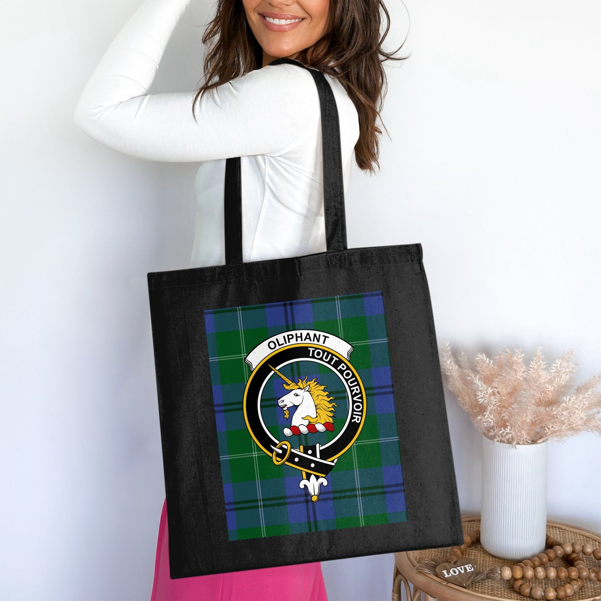 Traditional Scottish Clan Crest on Tartan Background Tote Bag - Living Stone Gifts