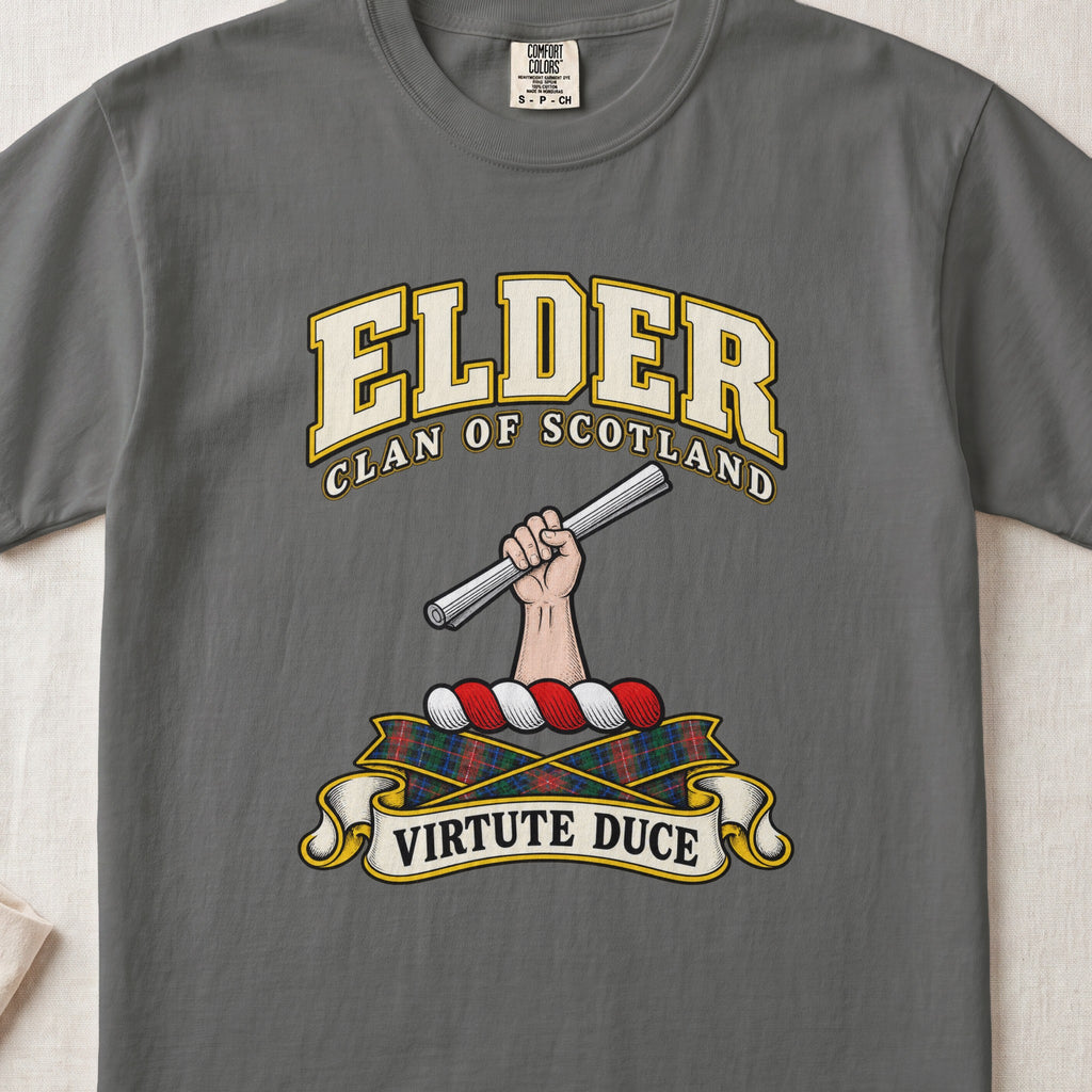 Elder Scottish clan T-shirt in Pepper, front view with a hand holding a silver rod and motto banner.
