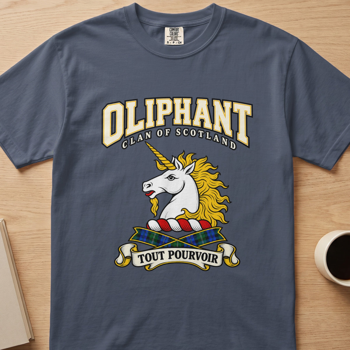 Oliphant clan T-shirt in slate blue, front view with white unicorn head with a flowing gold mane
