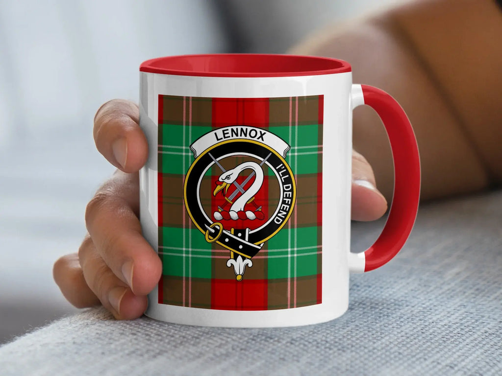 Clan Lennox tartan mug — 15 oz navy handle, glossy ceramic with crest and I'll Defend motto