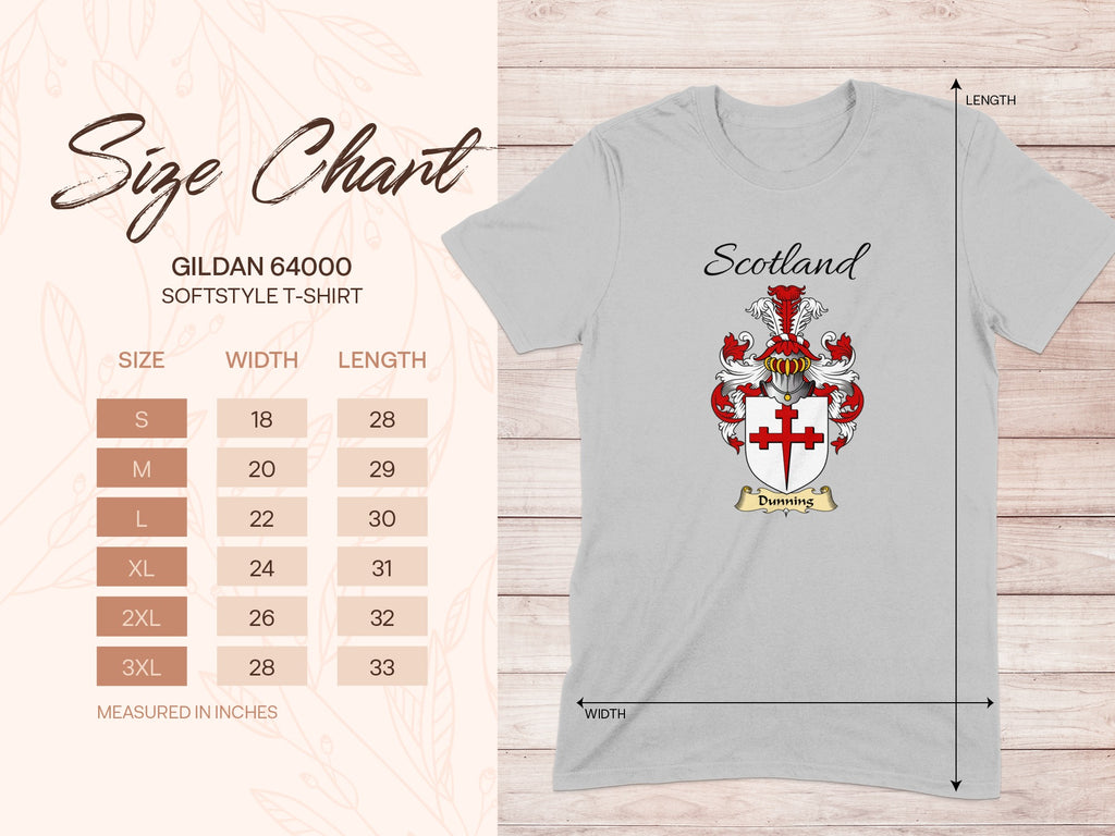 Gildan 64000 size chart for the Dunning unisex T-shirt, sizes S to 3XL