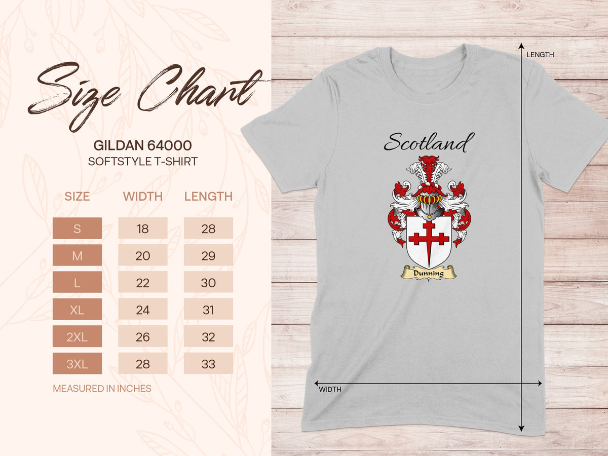 Gildan 64000 size chart for the Dunning unisex T-shirt, sizes S to 3XL