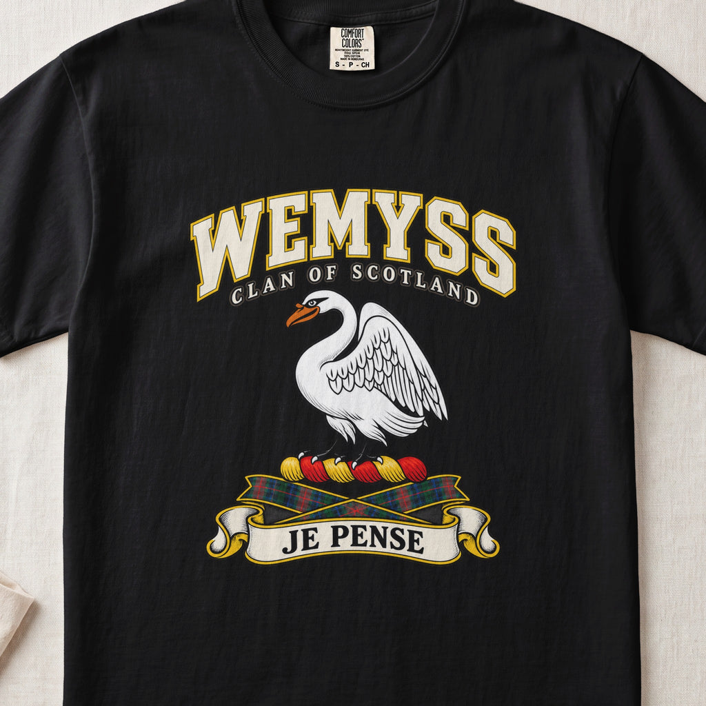 Wemyss Scottish clan T-shirt in Black, front view with a white swan and motto design.