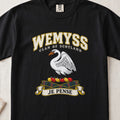 Wemyss Scottish clan T-shirt in Black, front view with a white swan and motto design.