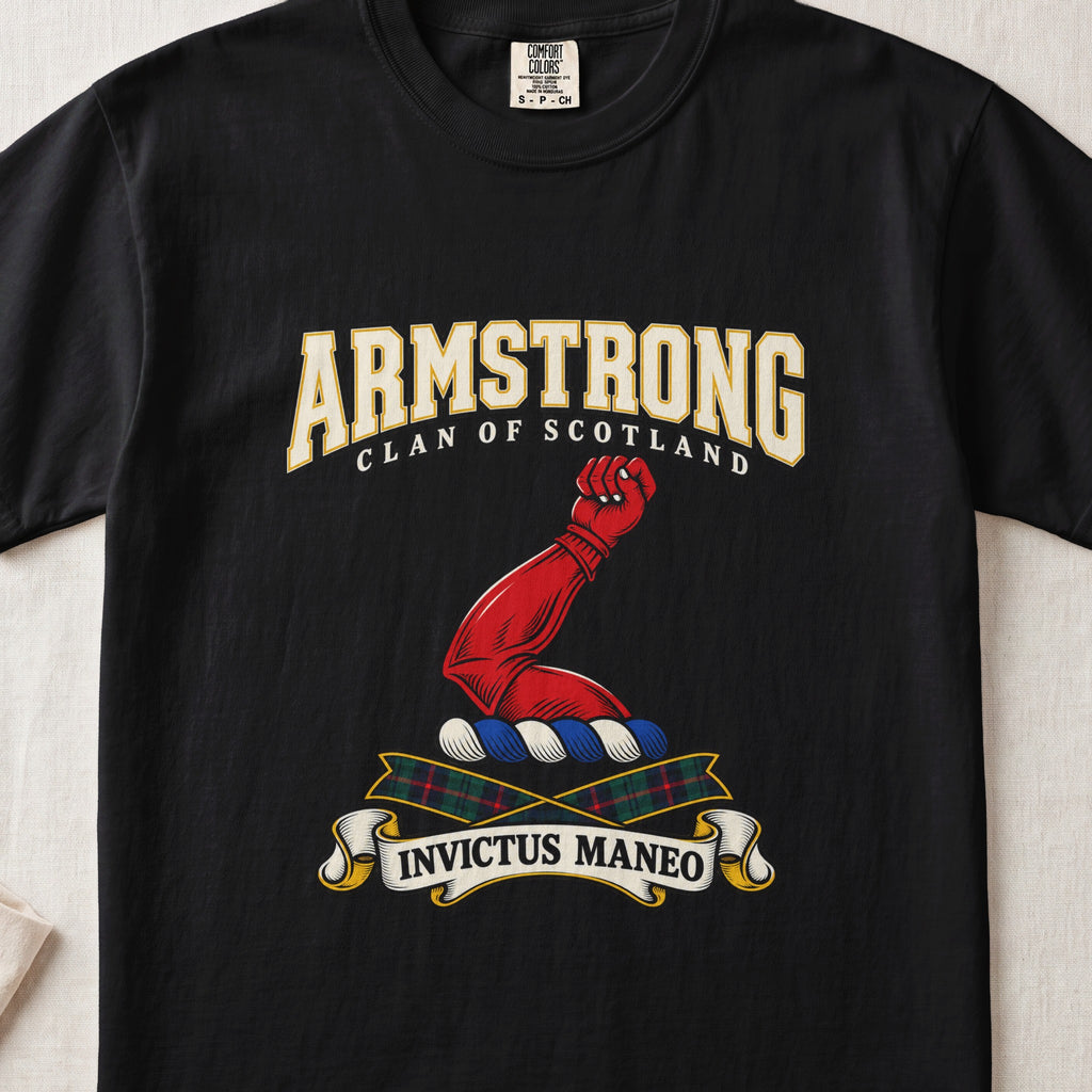 Armstrong Scottish clan graphic T-shirt in Black, front view