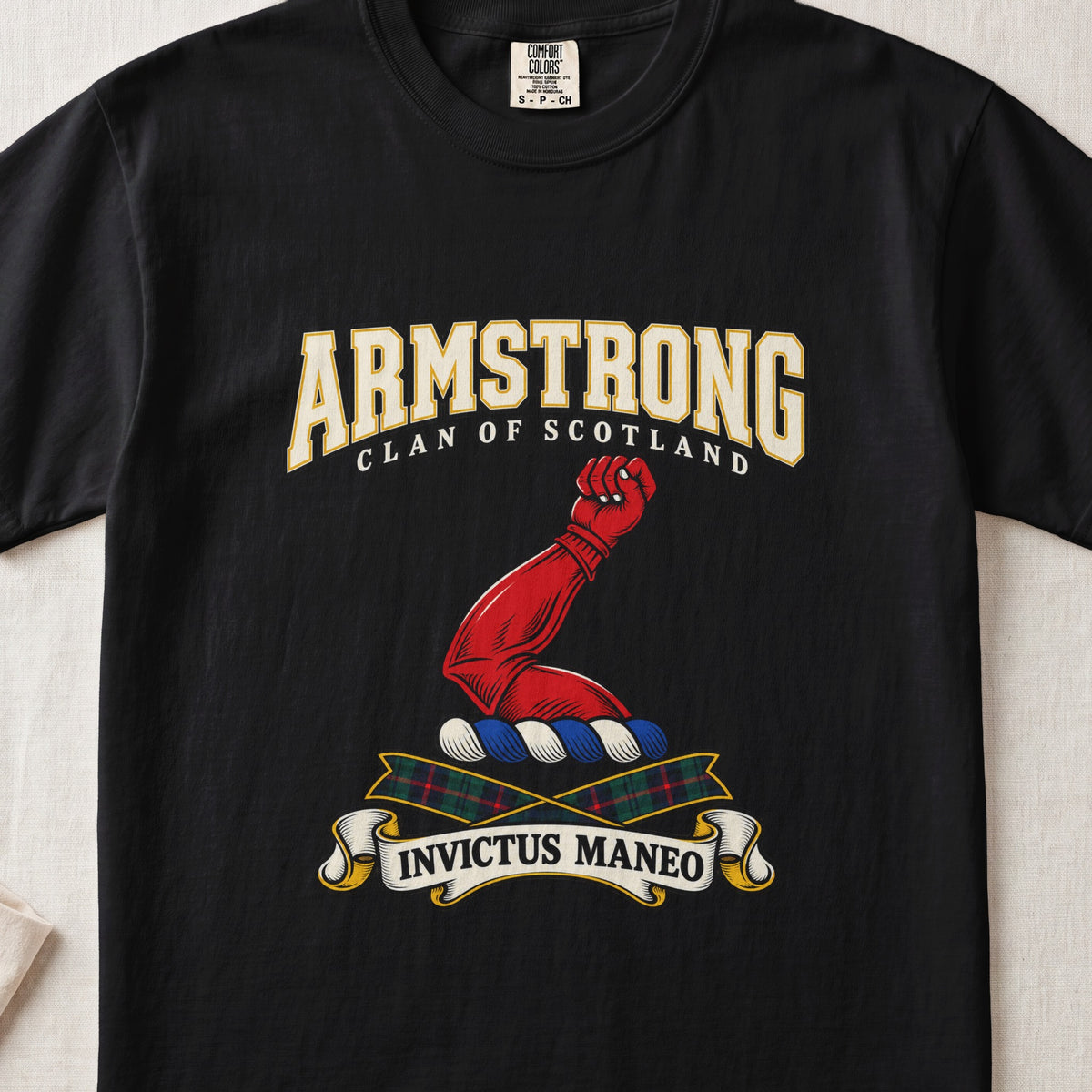 Armstrong Scottish clan graphic T-shirt in Black, front view