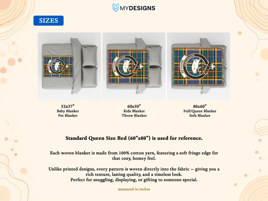 Clan Bethune debonnaire woven cotton blanket — lifestyle drape view