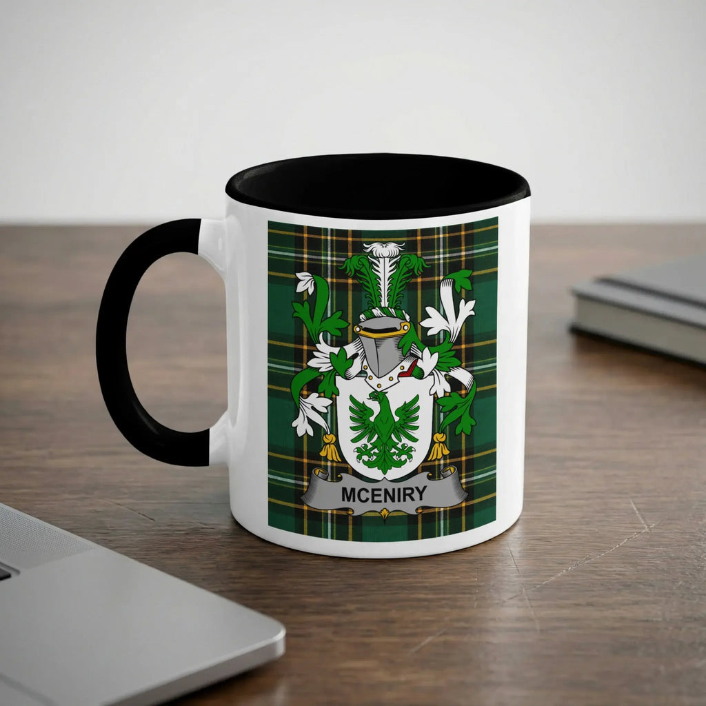 McEniry Irish heritage mug with black handle and family crest