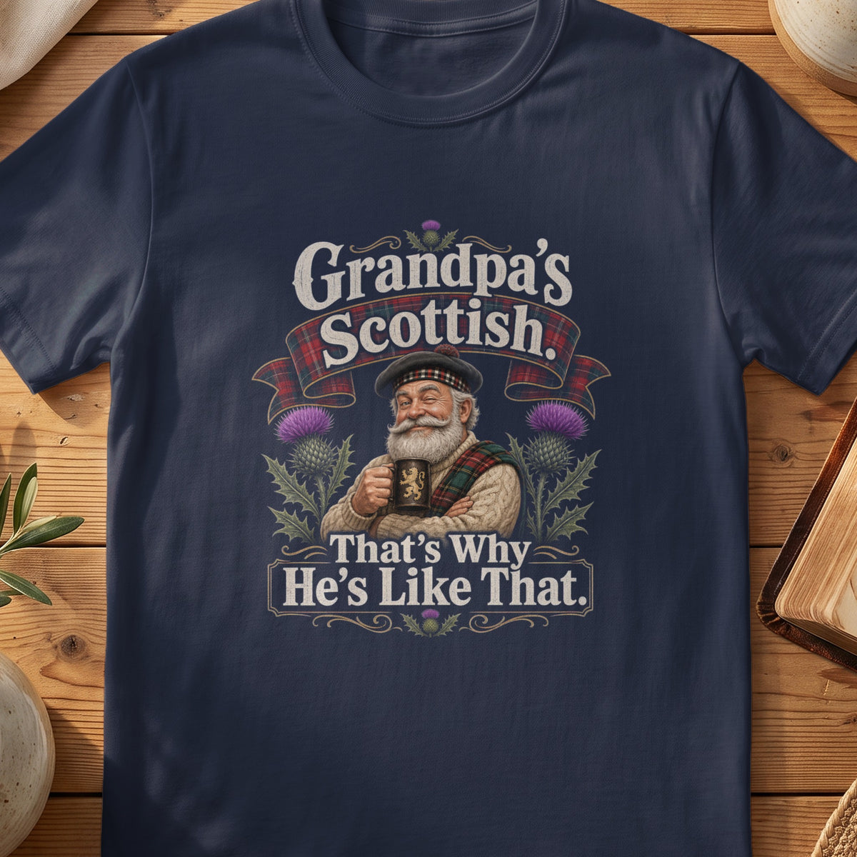 Navy Gildan 64000 unisex T-shirt flatlay with Grandpa's Scottish Scottish graphic design