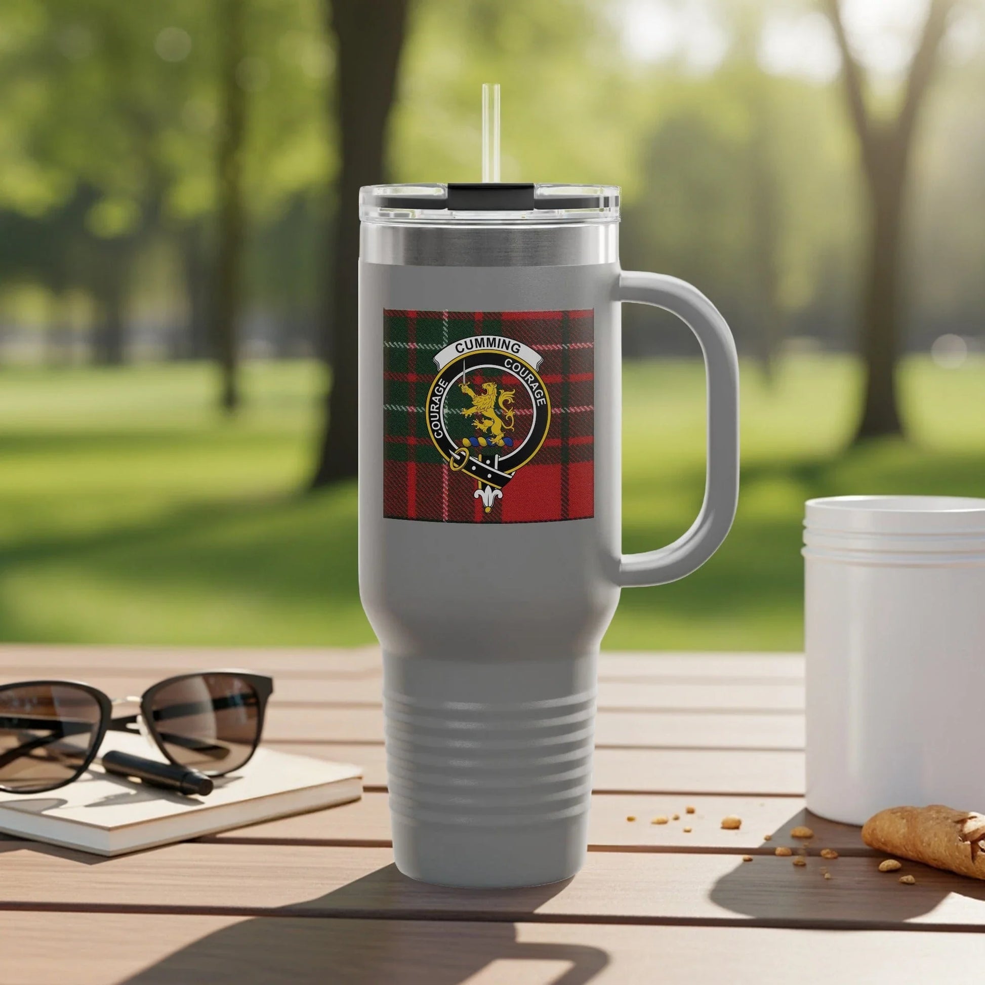 Insulated Gray Tumbler with Plaid Cummings Crest Product