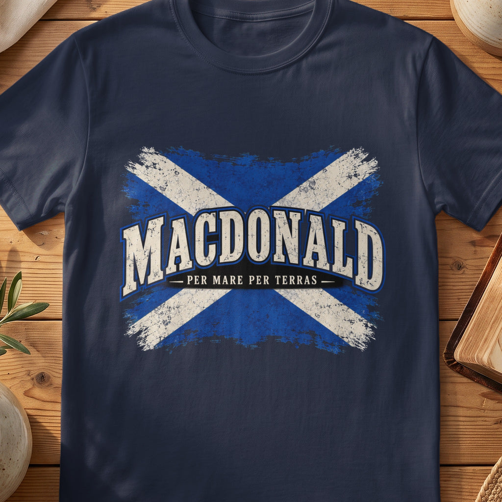 MacDonald Scottish Saltire T-shirt in Navy, with distressed blue and cream flag and “Per Mare Per Terras” lettering.