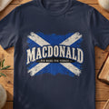 MacDonald Scottish Saltire T-shirt in Navy, with distressed blue and cream flag and “Per Mare Per Terras” lettering.