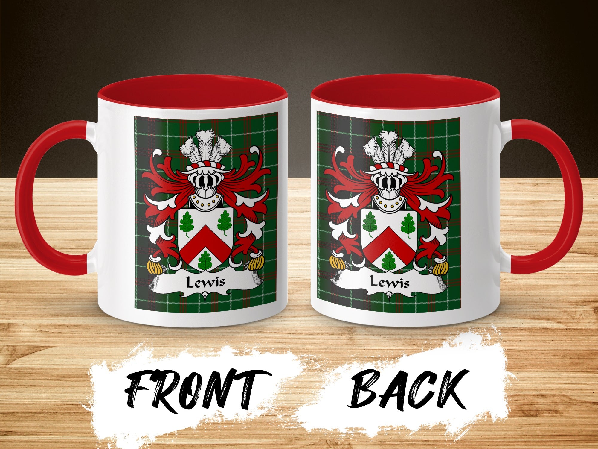 Two white mugs with red handles and interiors, featuring the Lewis family crest on a green plaid background.