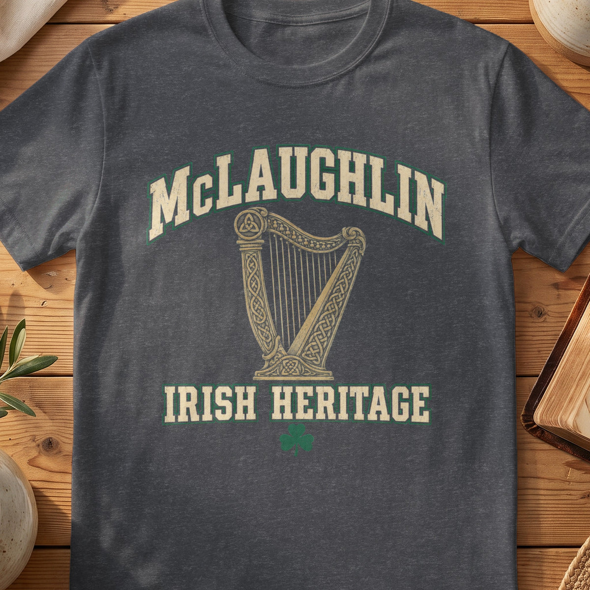 McLaughlin Irish Heritage dark heather gray Gildan 64000 T-shirt with Celtic harp design