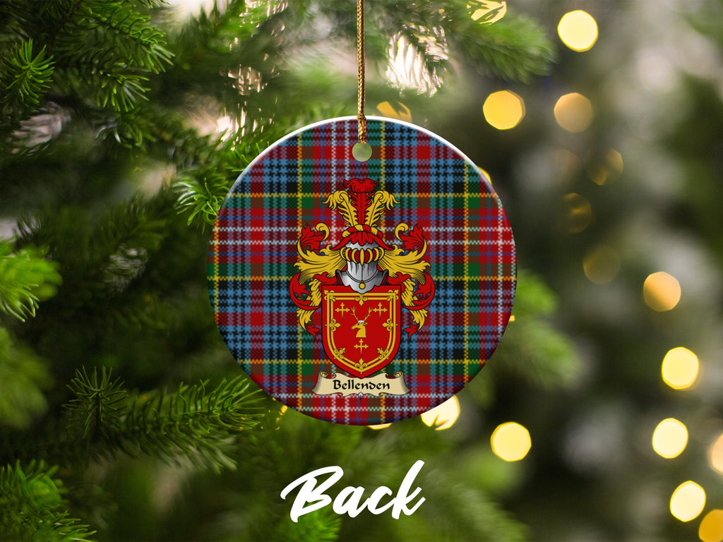 Double-sided Bellenden ceramic ornament with family shield and Caledonia tartan background