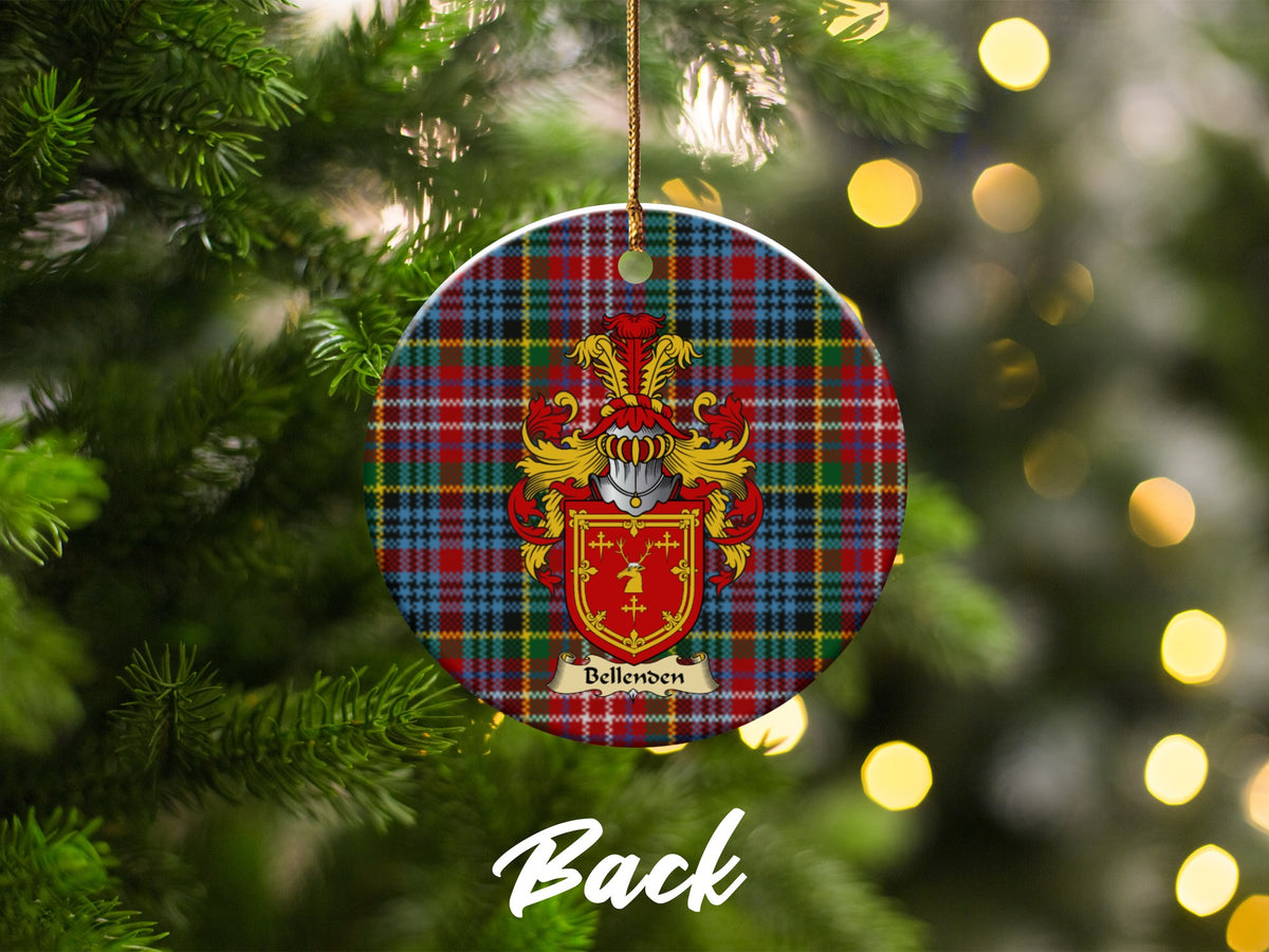 Double-sided Bellenden ceramic ornament with family shield and Caledonia tartan background