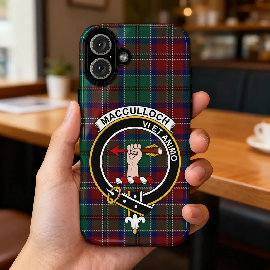 MacCulloch clan tartan crest phone case — Vi Et Animo full wrap glossy print on slim case