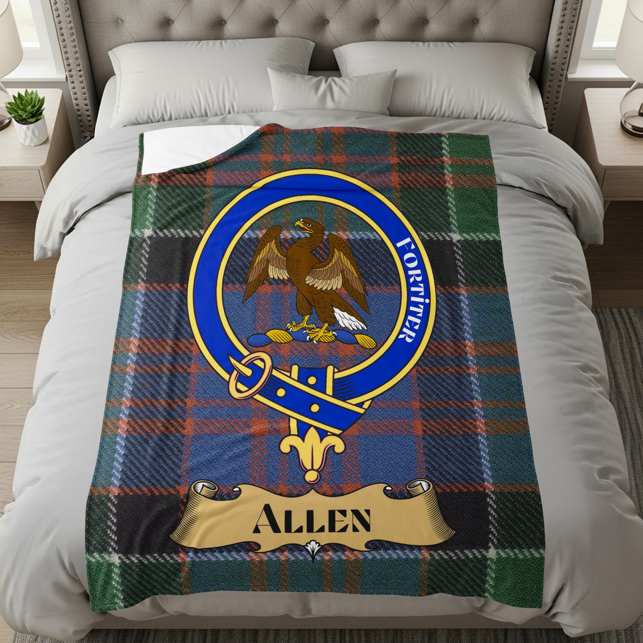 Allen family crest with Fortiter motto on tartan throw blanket