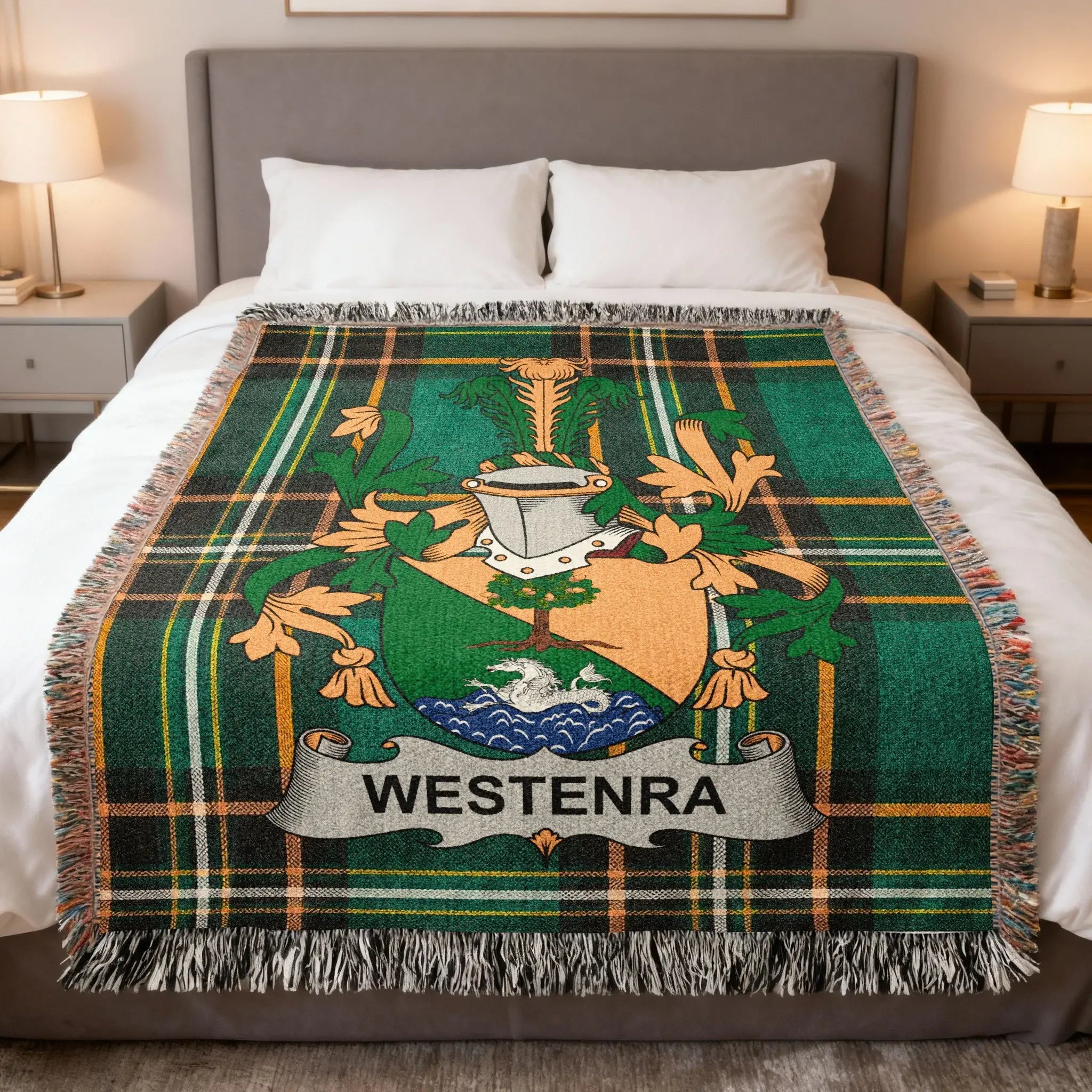 Westerra tartan blanket with crest centered on a bed.