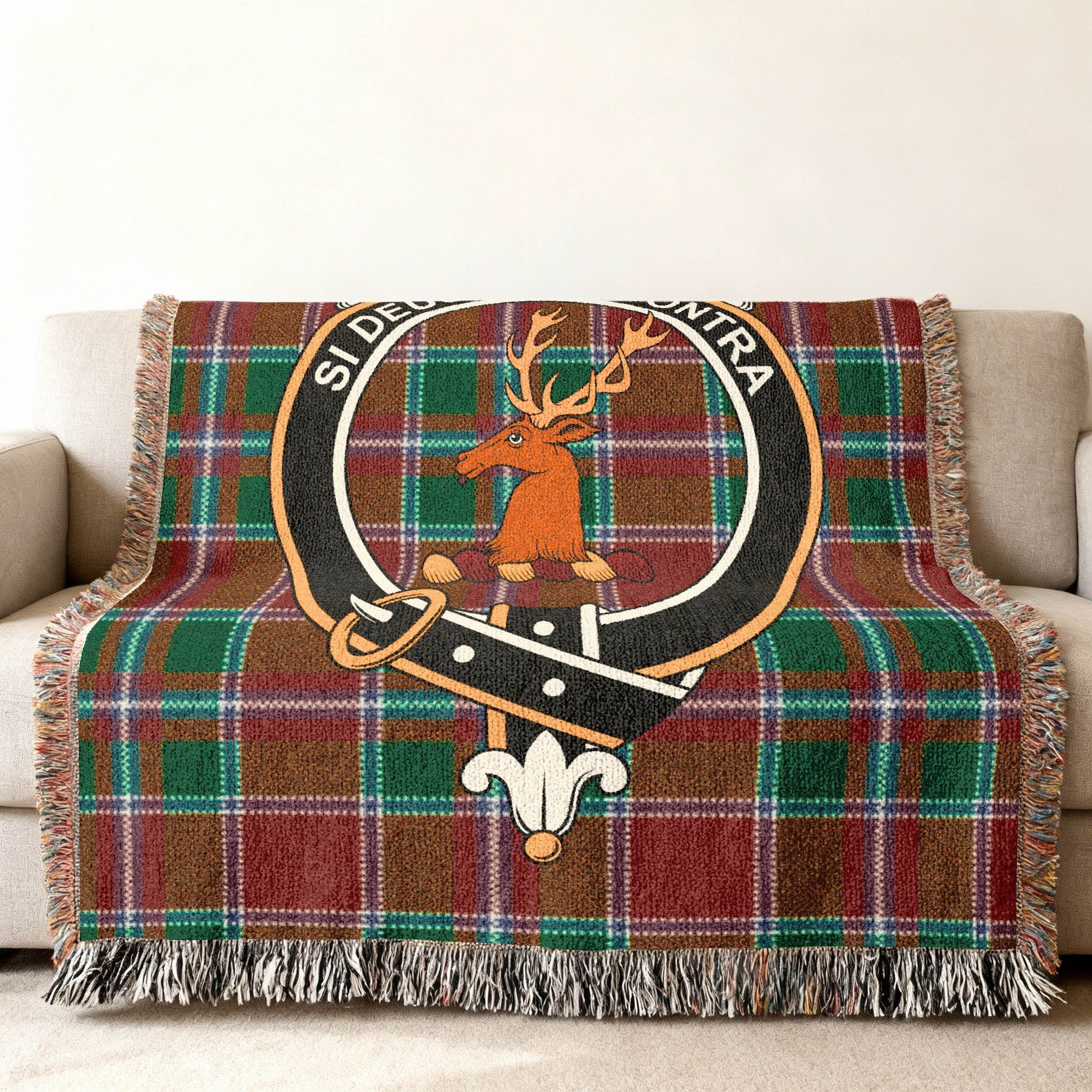 Clan Spens si deus quis contra plaid throw blanket — deer crest design