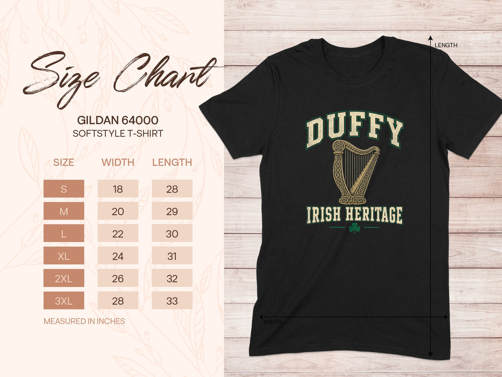 Duffy Irish Heritage T-shirt size chart for Gildan 64000 unisex fit
