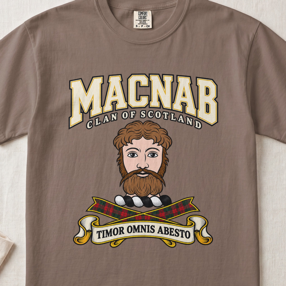MacNab Scottish clan graphic T-shirt in Espresso, front view
