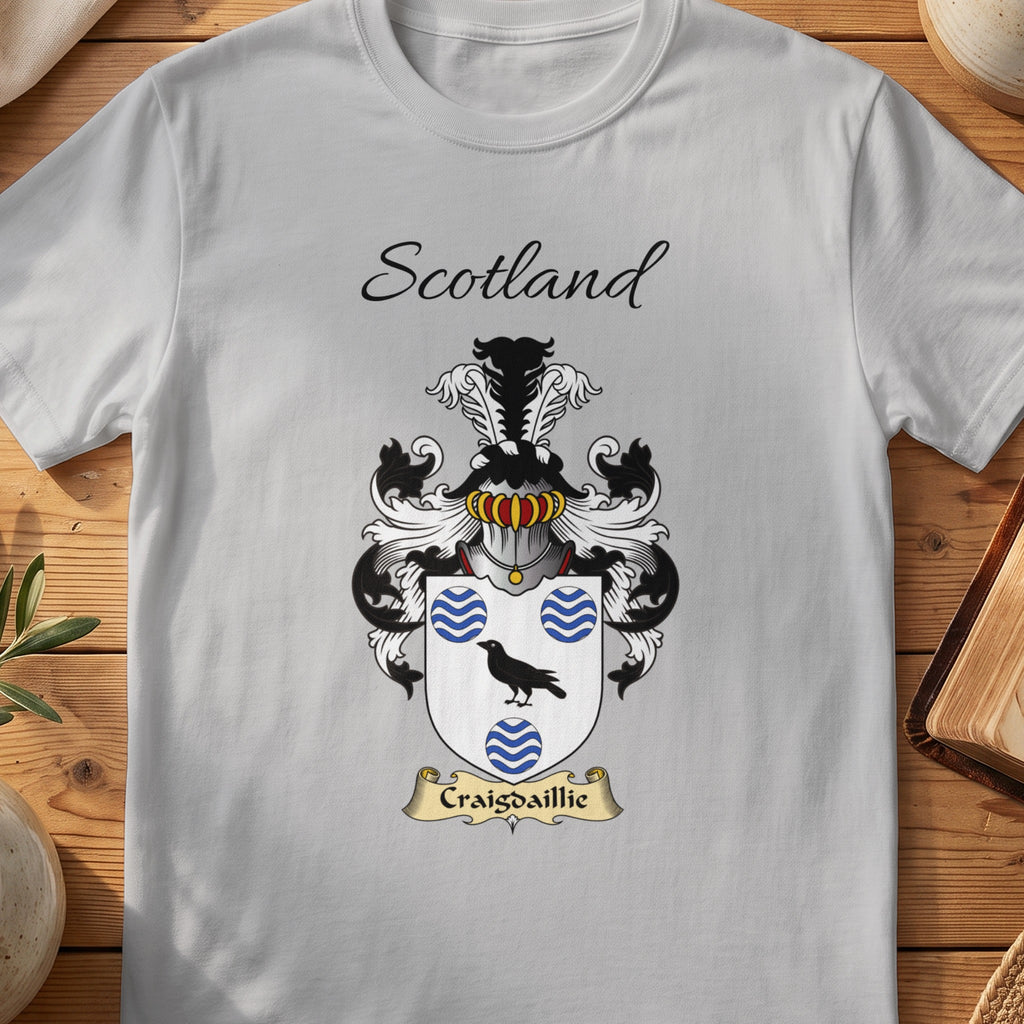 Sport Grey Craigdaillie Scottish family shield T-shirt featuring a black bird between blue wavy roundels
