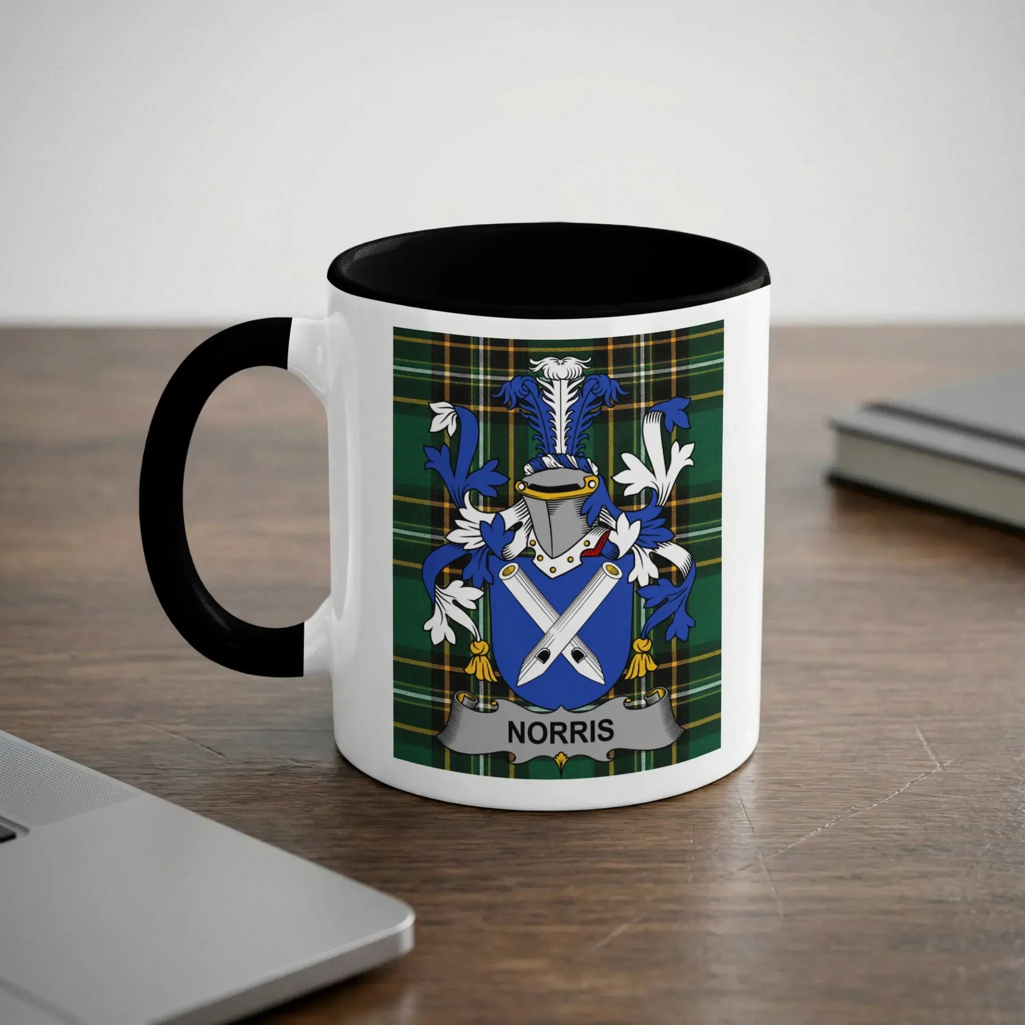 Norris black accent mug with family crest on tartan background