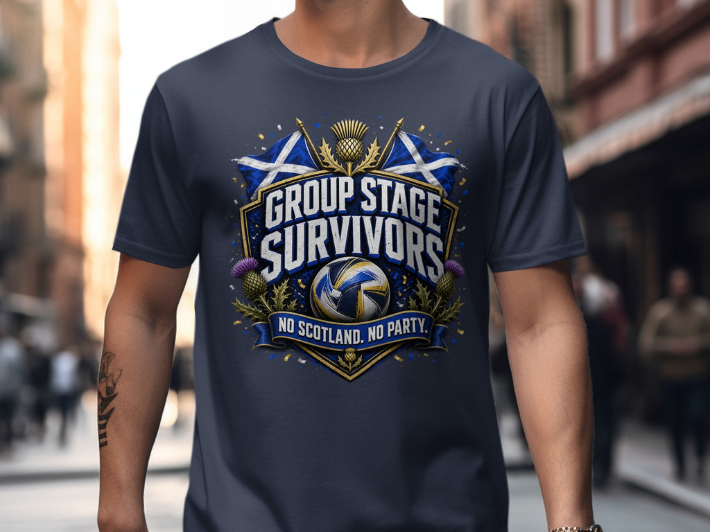 T-shirt with Scottish flags, thistle, volleyball, and text "Group Stage Survivors. No Scotland. No Party."