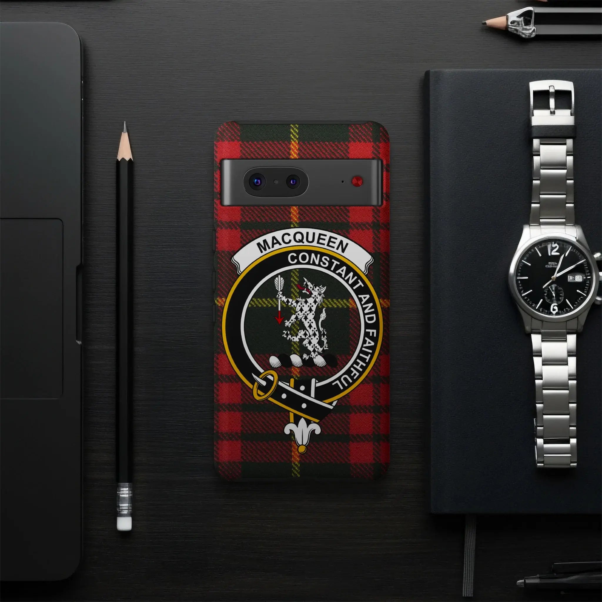 MacQueen Constant and Faithful clan tartan phone case — precise port cutouts, UV-resistant glossy wrap