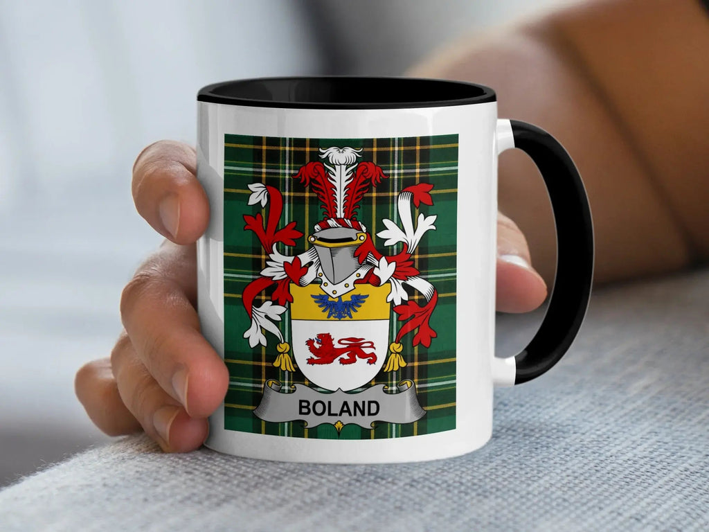 Boland Irish family crest accent mug with black handle on Irish National Tartan