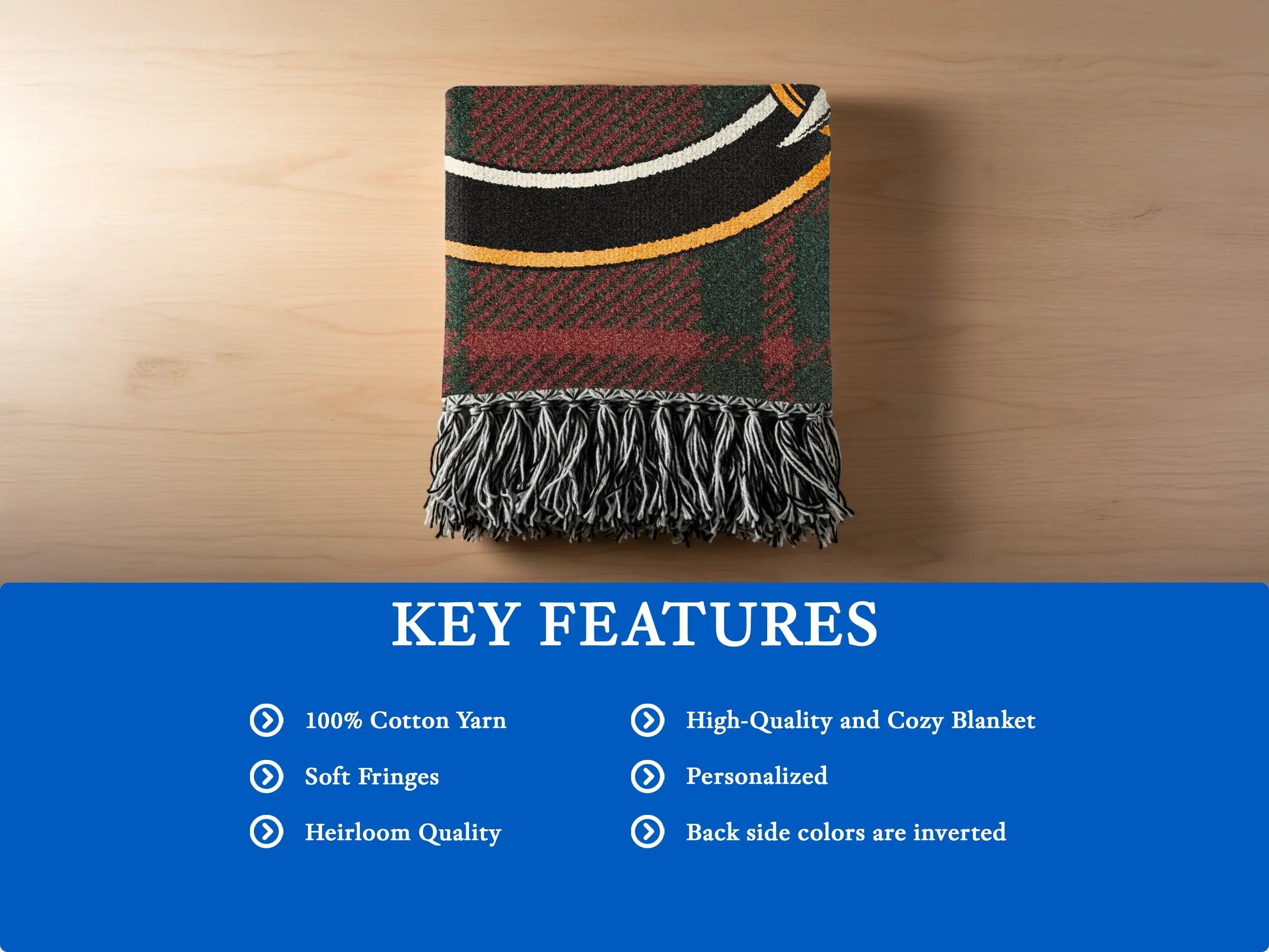 Maxwell clan woven blanket size comparison — 52x37, 60x50 and 80x60 inch cotton tartan options