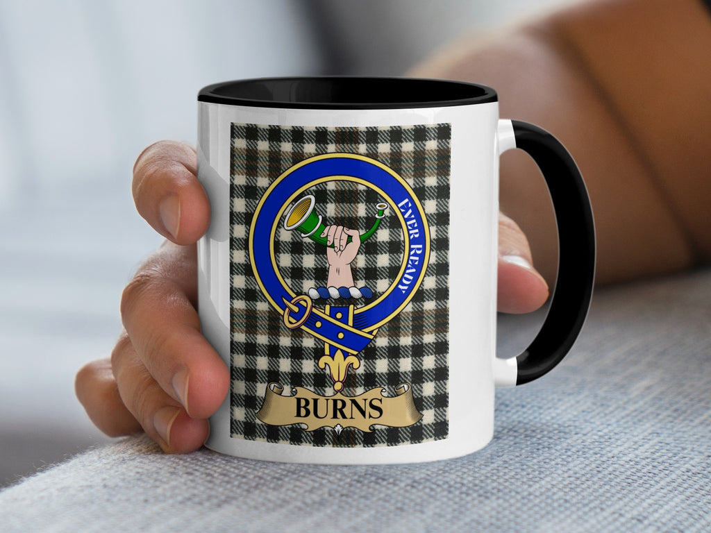 Burns clan crest tartan accent mug — close-up of crest and name detail