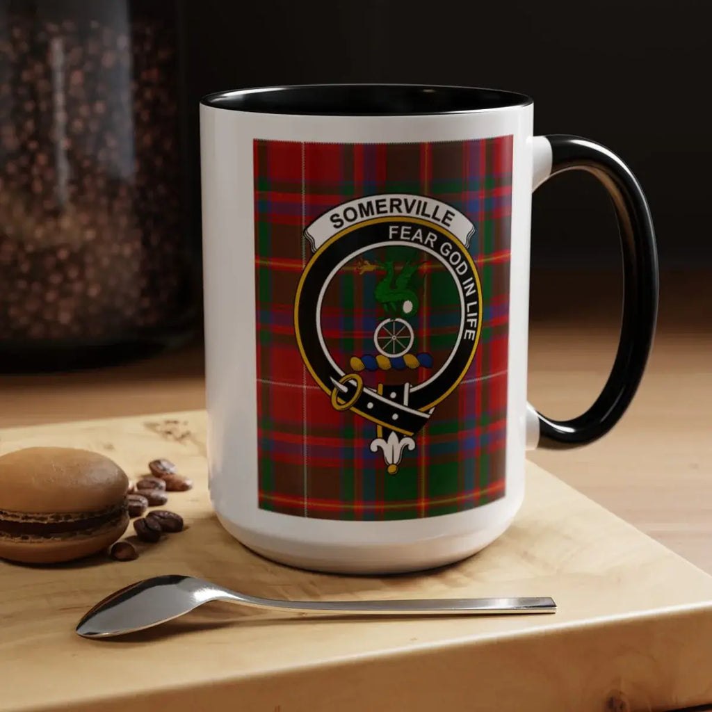 Somerville Clan Crest Coffee Mug with Red Tartan Design