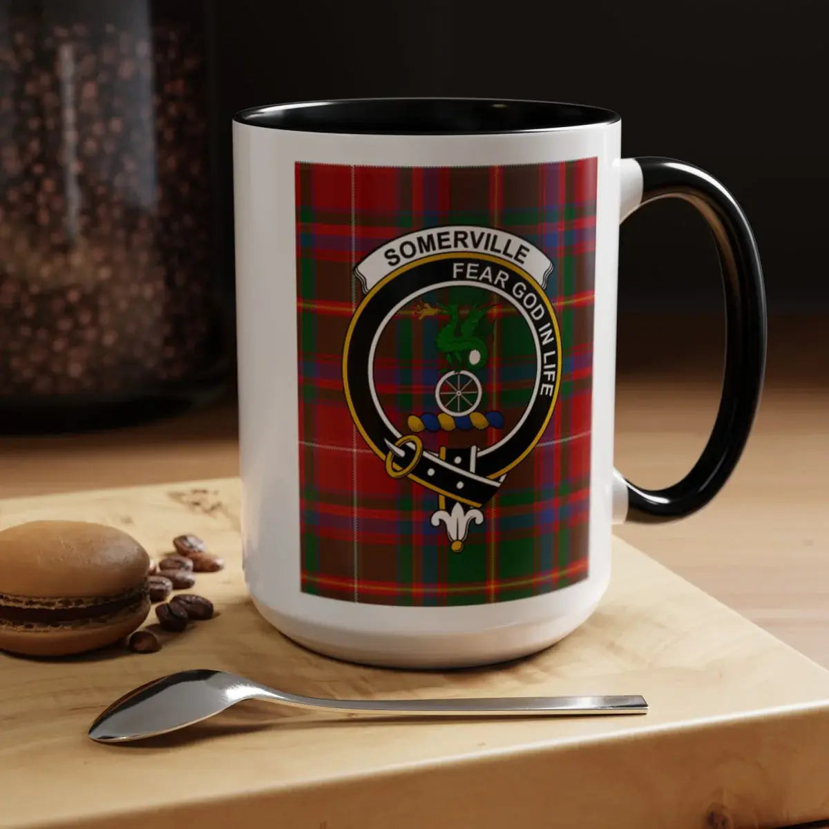 Somerville Clan Crest Coffee Mug with Red Tartan Design